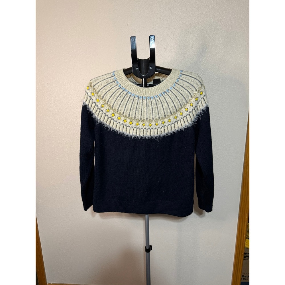 Style & Co Womens Embellished Yoke Sweater Navy Blue Gold Fair Isle Knit Large